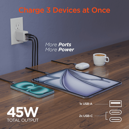 HyperGear SpeedBoost 45W USB-C PD Tri-Port GaN Fast Wall Charger with PPS