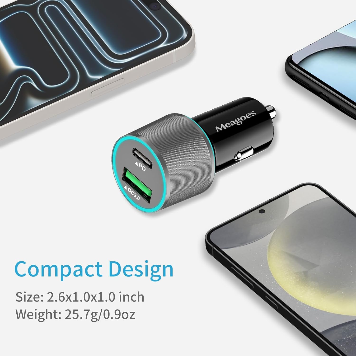 67.5W Gray Car Charger USB C Super Fast Charging, 45W USBC&QC3.0 Port Block for Iphone 17 Pro Max/Air/16/15/Ipad, Samsung S25 Android Cell Phone, Dual 12V Cigarette Lighter Adapter+3.3 Ft Type C Cable