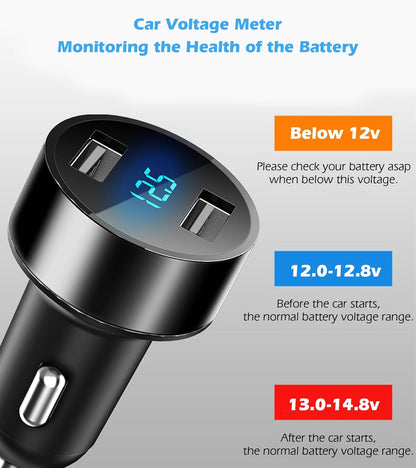 2 USB Car Charger,12V/24V Voltage Meter, Output 4.8A, Cigarette Lighter Plug Adapter Compatible with Iphone,Ipad, Samsung, USB Charging Devices, Black