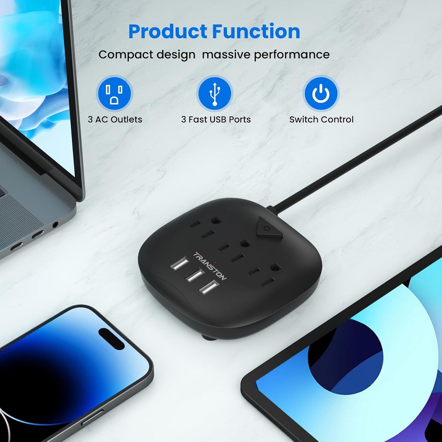 Power Strip 3 Outlets and 3 USB Ports with Switch Control, Desktop Charging Station with 5 Ft Extension Cord, Compact for Nightstand, Office and Travel - Black