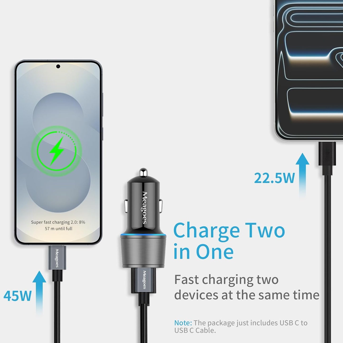 67.5W Gray Car Charger USB C Super Fast Charging, 45W USBC&QC3.0 Port Block for Iphone 17 Pro Max/Air/16/15/Ipad, Samsung S25 Android Cell Phone, Dual 12V Cigarette Lighter Adapter+3.3 Ft Type C Cable