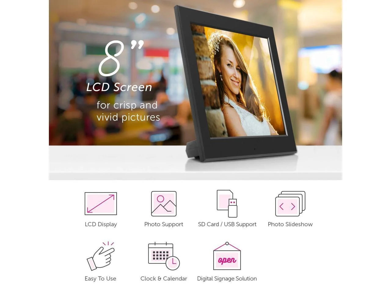 8" Slim Digital Photo Frame with Auto Slideshow (1024 X 768 Resolution, 4:3 Aspect Ratio)