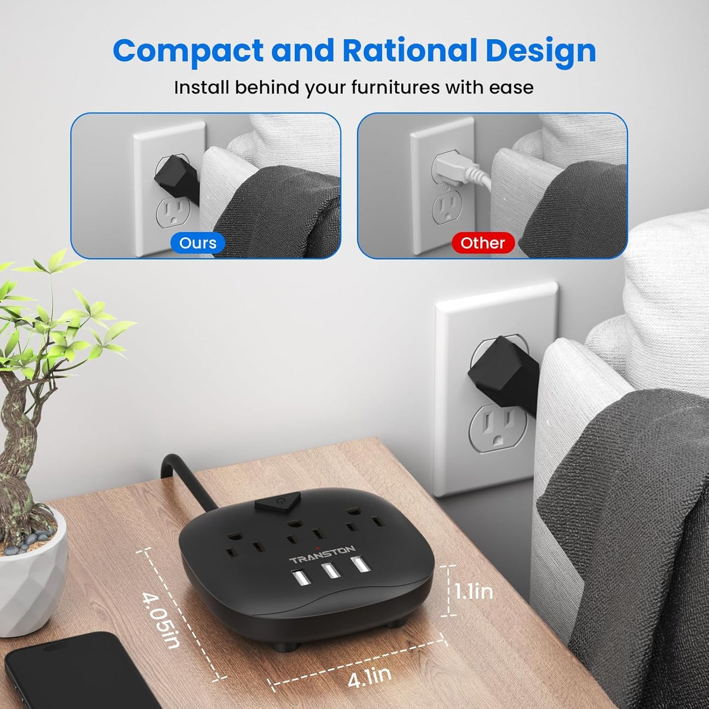 Power Strip 3 Outlets and 3 USB Ports with Switch Control, Desktop Charging Station with 5 Ft Extension Cord, Compact for Nightstand, Office and Travel - Black