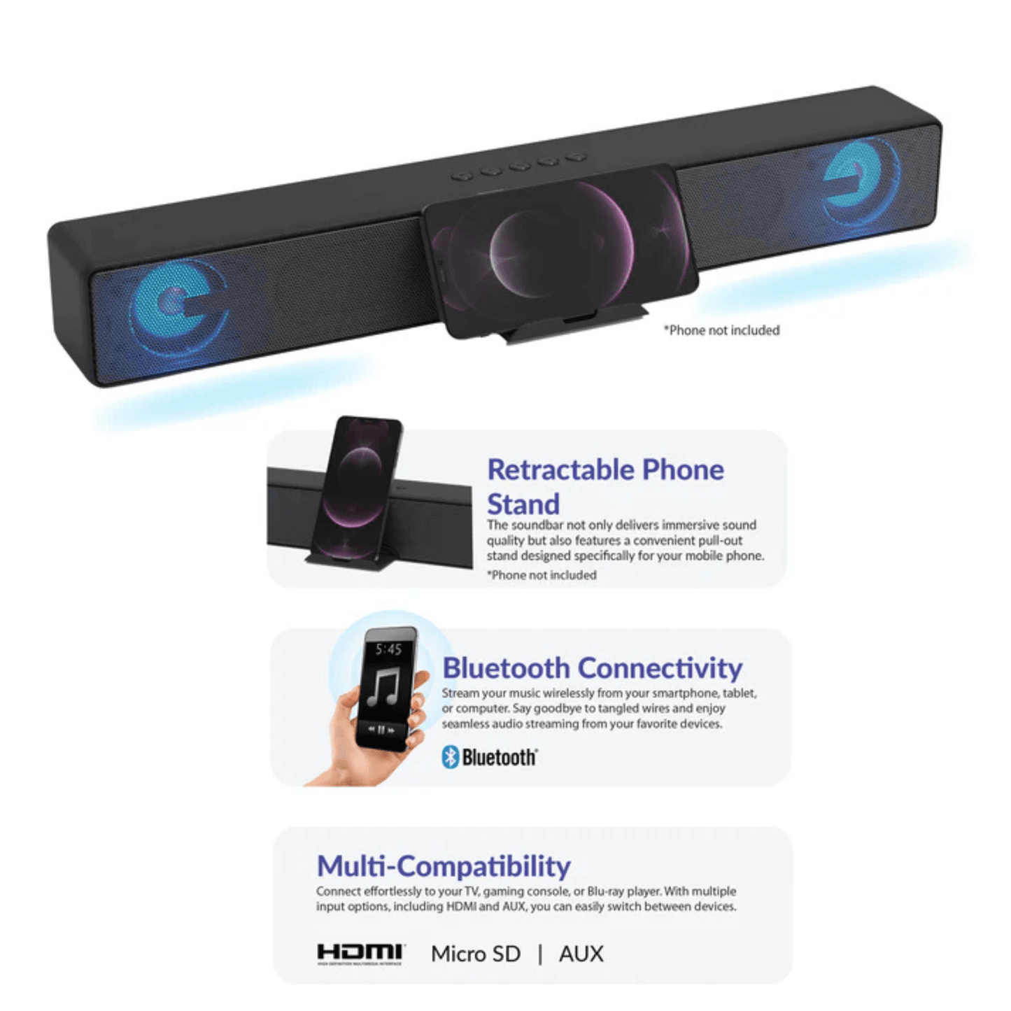 Supersonic 17.6-Inch Portable 10W Bluetooth Soundbar