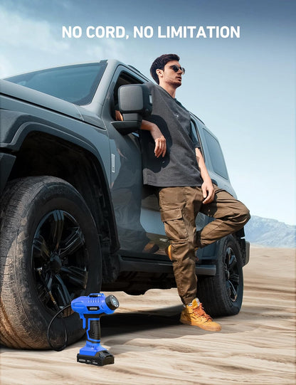 C2 Cordless Tire Inflator Air Compressor 20V Rechargeable Battery Powered 160PSI Portable Handheld Air Pump with 12V Car Power Adapter Digital Pressure Gauge for Cars Motorcycles Blue
