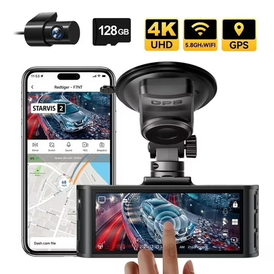 Touch Screen Dash Cam Front and Rear, 4K Dash Camera with STARVIS 2 Sensor, Free 128GB Card, Car Camera with Wifi GPS, Voice Control, WDR, 24H Parking Mode, Night Vision