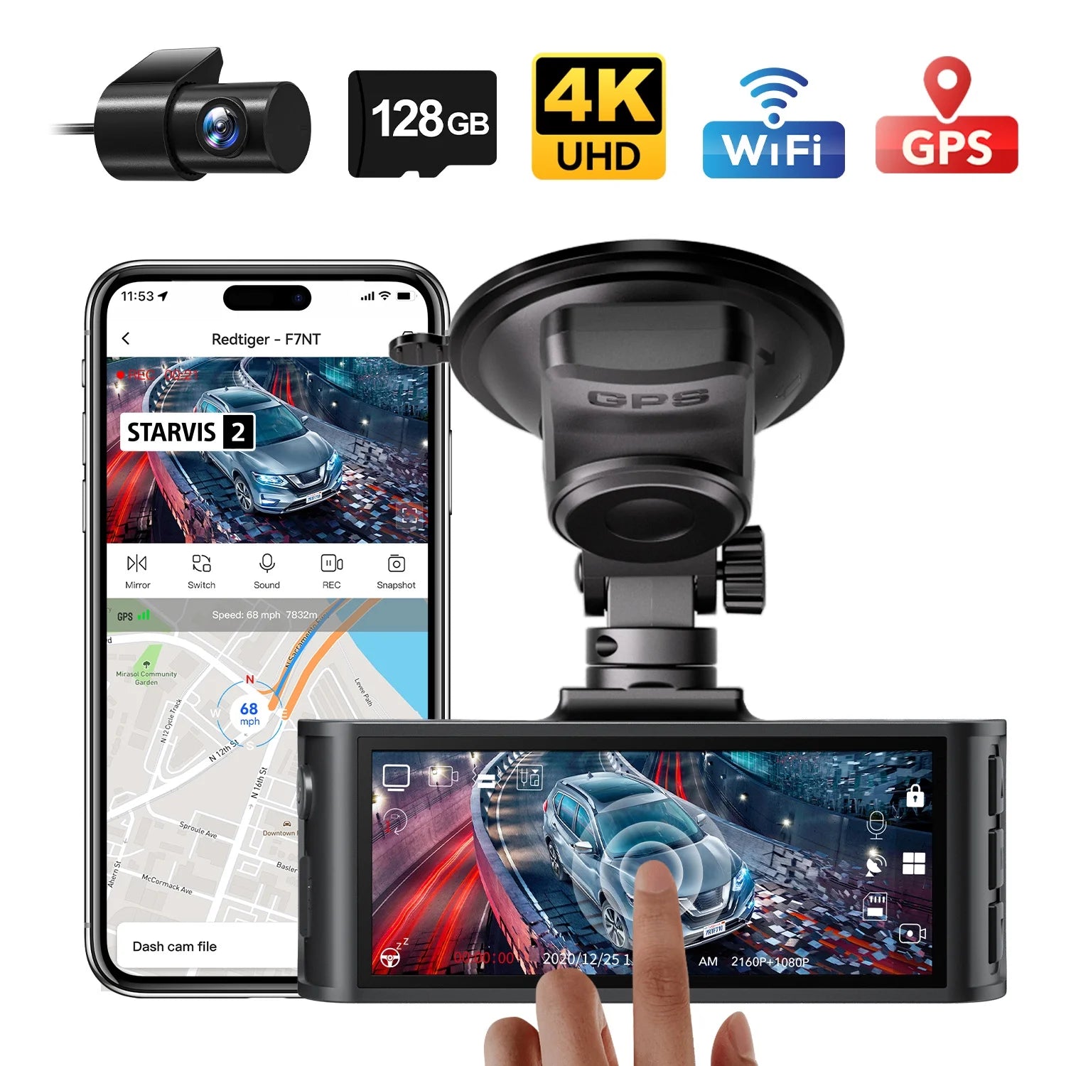 Touch Screen Dash Cam Front and Rear, 4K Dash Camera with STARVIS 2 Sensor, Free 128GB Card, Car Camera with Wifi GPS, Voice Control, WDR, 24H Parking Mode, Night Vision