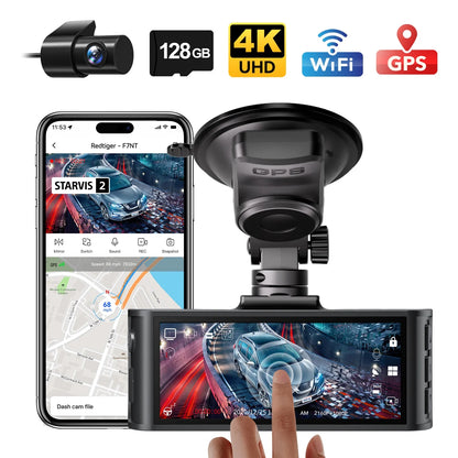 Touch Screen Dash Cam Front and Rear, 4K Dash Camera with STARVIS 2 Sensor, Free 128GB Card, Car Camera with Wifi GPS, Voice Control, WDR, 24H Parking Mode, Night Vision