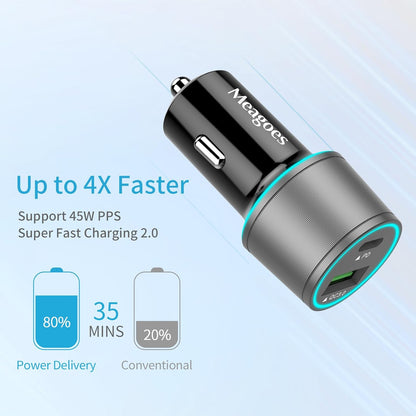 67.5W Gray Car Charger USB C Super Fast Charging, 45W USBC&QC3.0 Port Block for Iphone 17 Pro Max/Air/16/15/Ipad, Samsung S25 Android Cell Phone, Dual 12V Cigarette Lighter Adapter+3.3 Ft Type C Cable