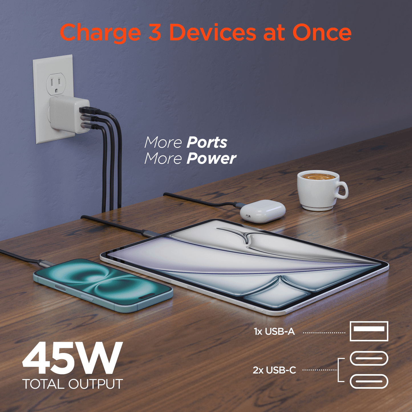 HyperGear 45W USB-C PD PPS Tri-Port GaN Fast Wall Charger