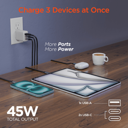 HyperGear 45W USB-C PD PPS Tri-Port GaN Fast Wall Charger